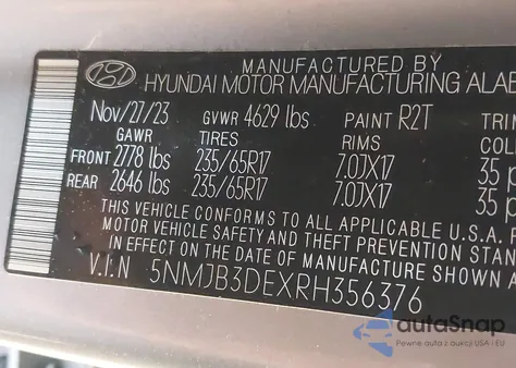2024 Hyundai Tucson Sel z USA, uszkodzony, nr VIN 5NMJB3DEXRH356376